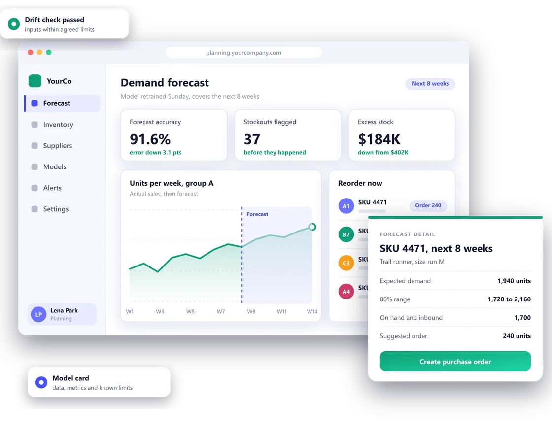 AI and data by Pylogix: a demand forecast screen with a suggested reorder