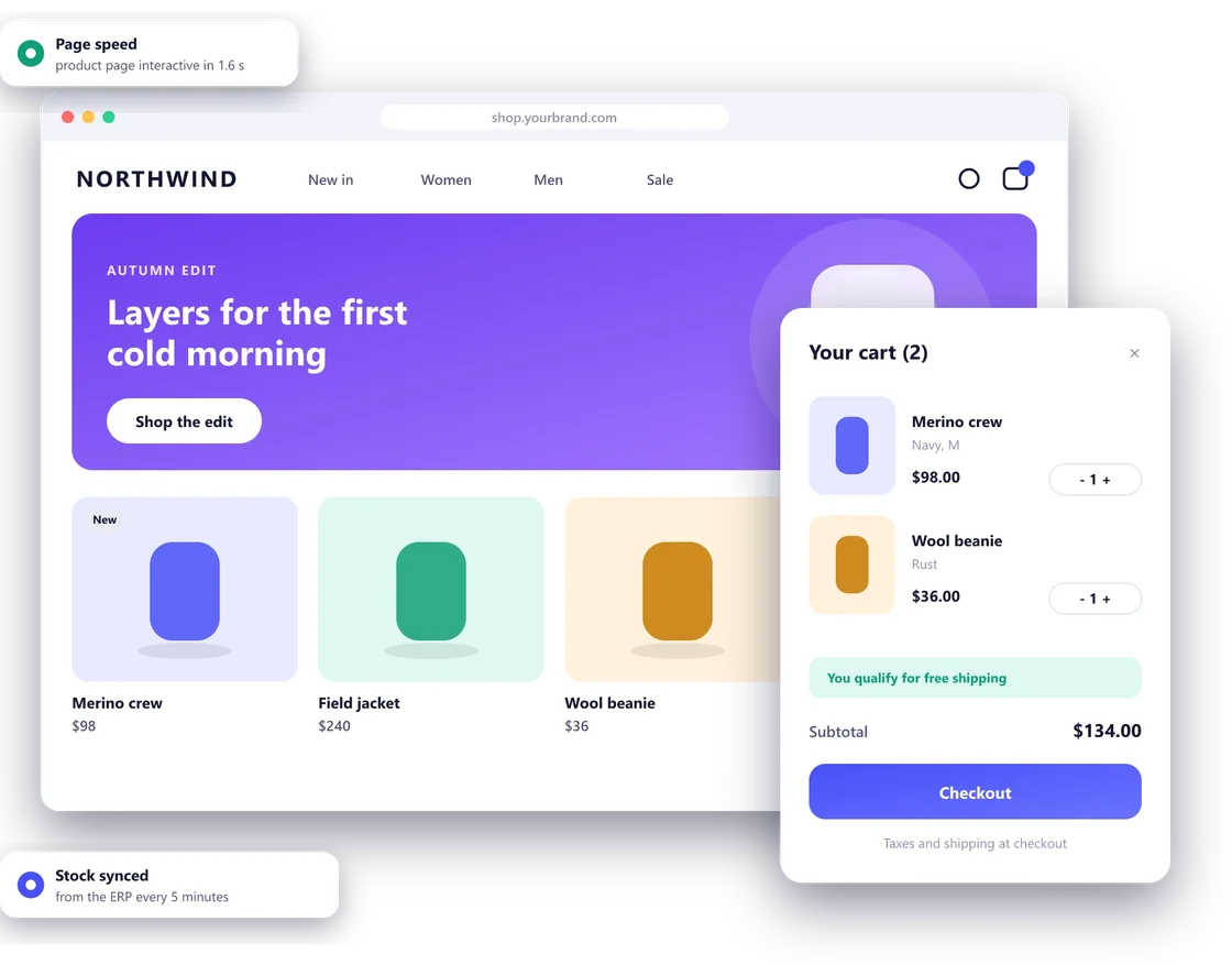 Ecommerce by Pylogix: a storefront with a product grid and an open cart