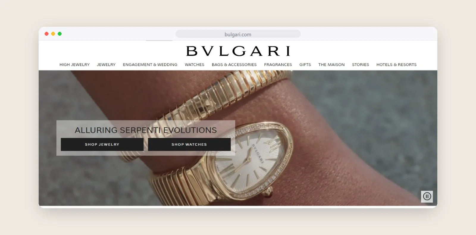 Bulgari homepage with the Serpenti campaign, shown in a browser window