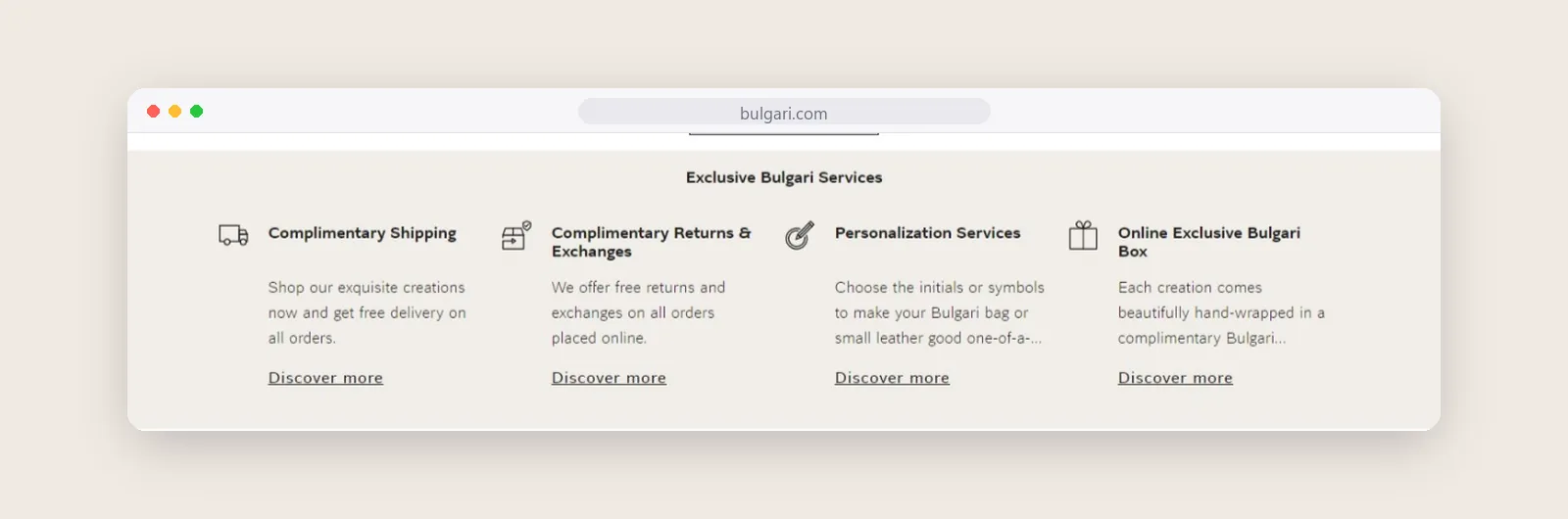 Bulgari exclusive client services for shipping, returns, personalisation and gift boxes