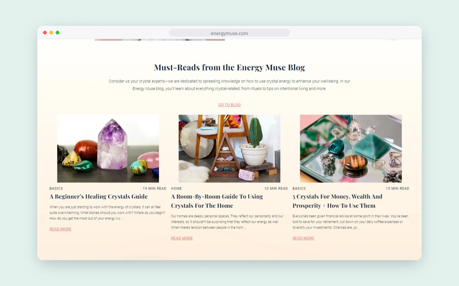 Energy Muse blog articles about healing crystals on the homepage