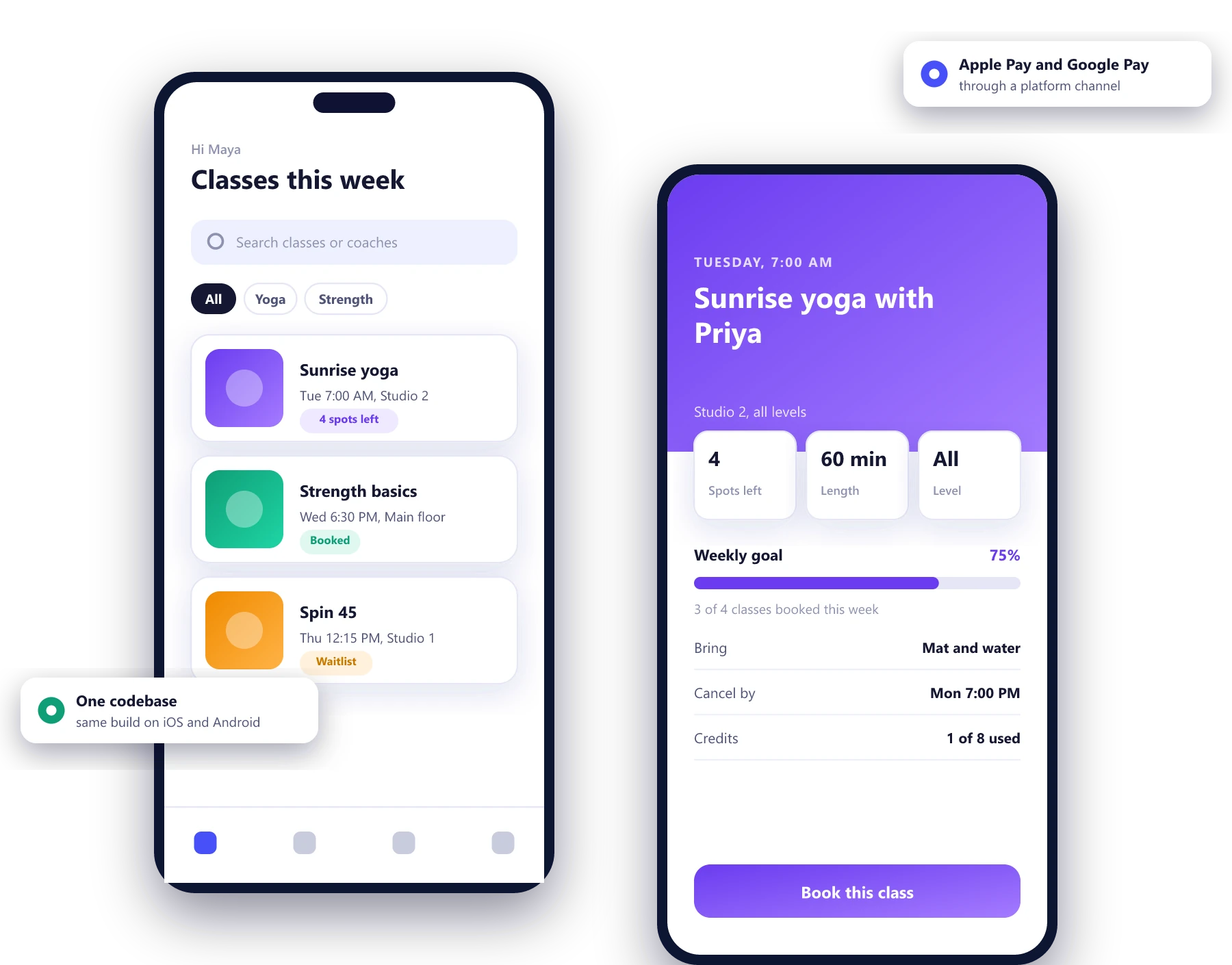 Fitness class booking app built in Flutter, showing a class list and a booking screen on two phones