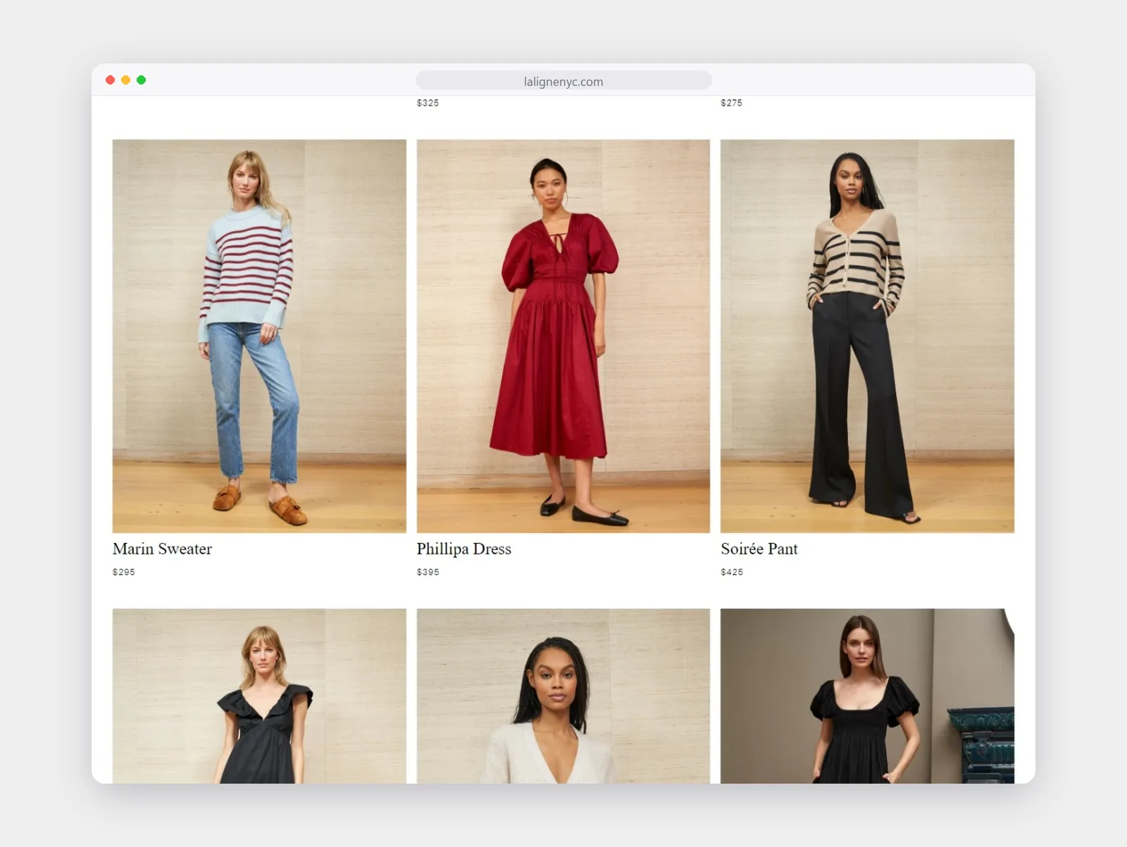 La Ligne collection grid of dresses and knitwear on a neutral backdrop
