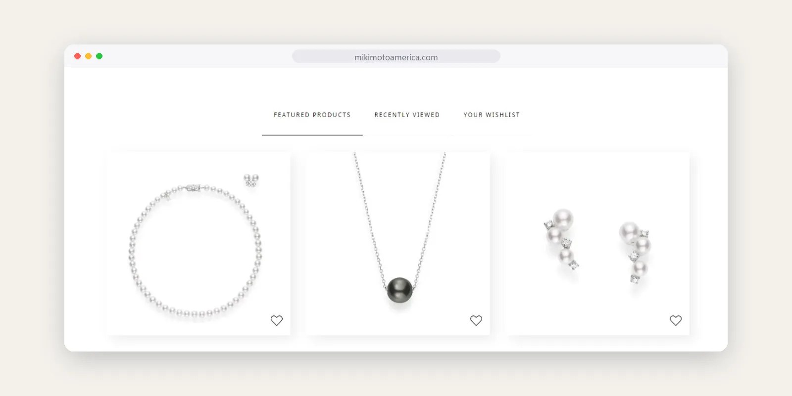Mikimoto featured products row with pearl necklaces and earrings