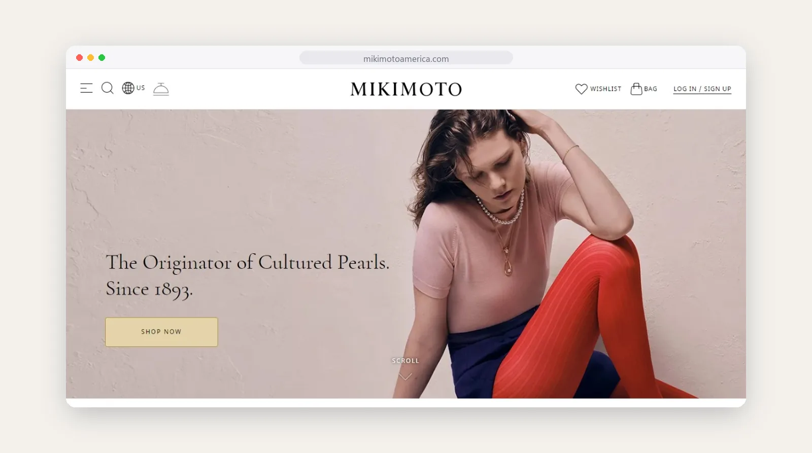 Mikimoto America homepage hero, shown in a browser window