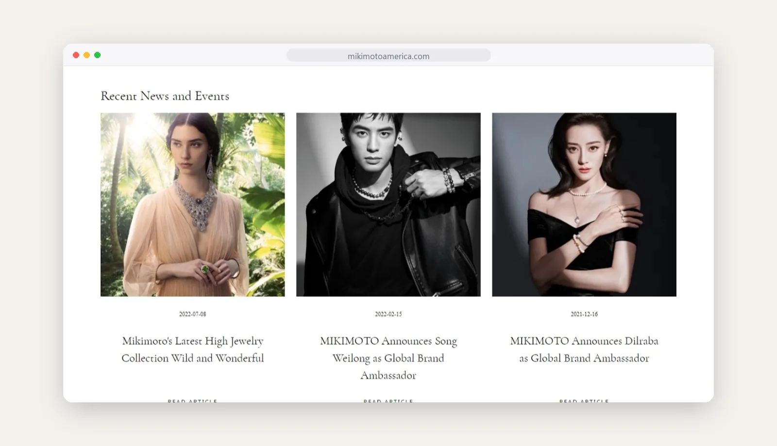 Mikimoto recent news and events section with campaign portraits