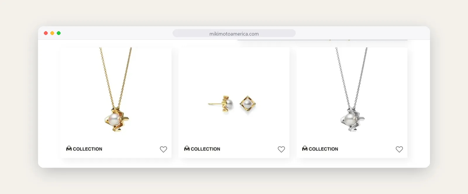 Mikimoto M Collection product cards on white