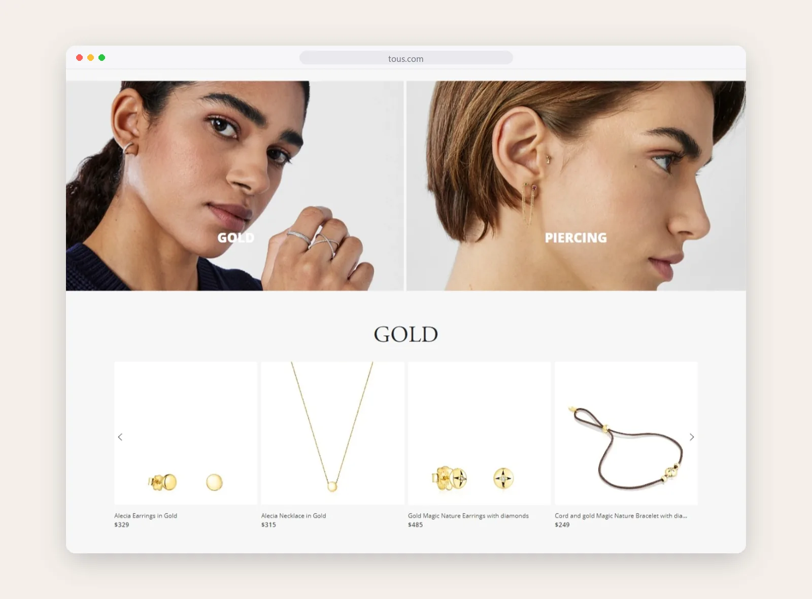 Tous gold and piercing edits with a gold jewelry product row