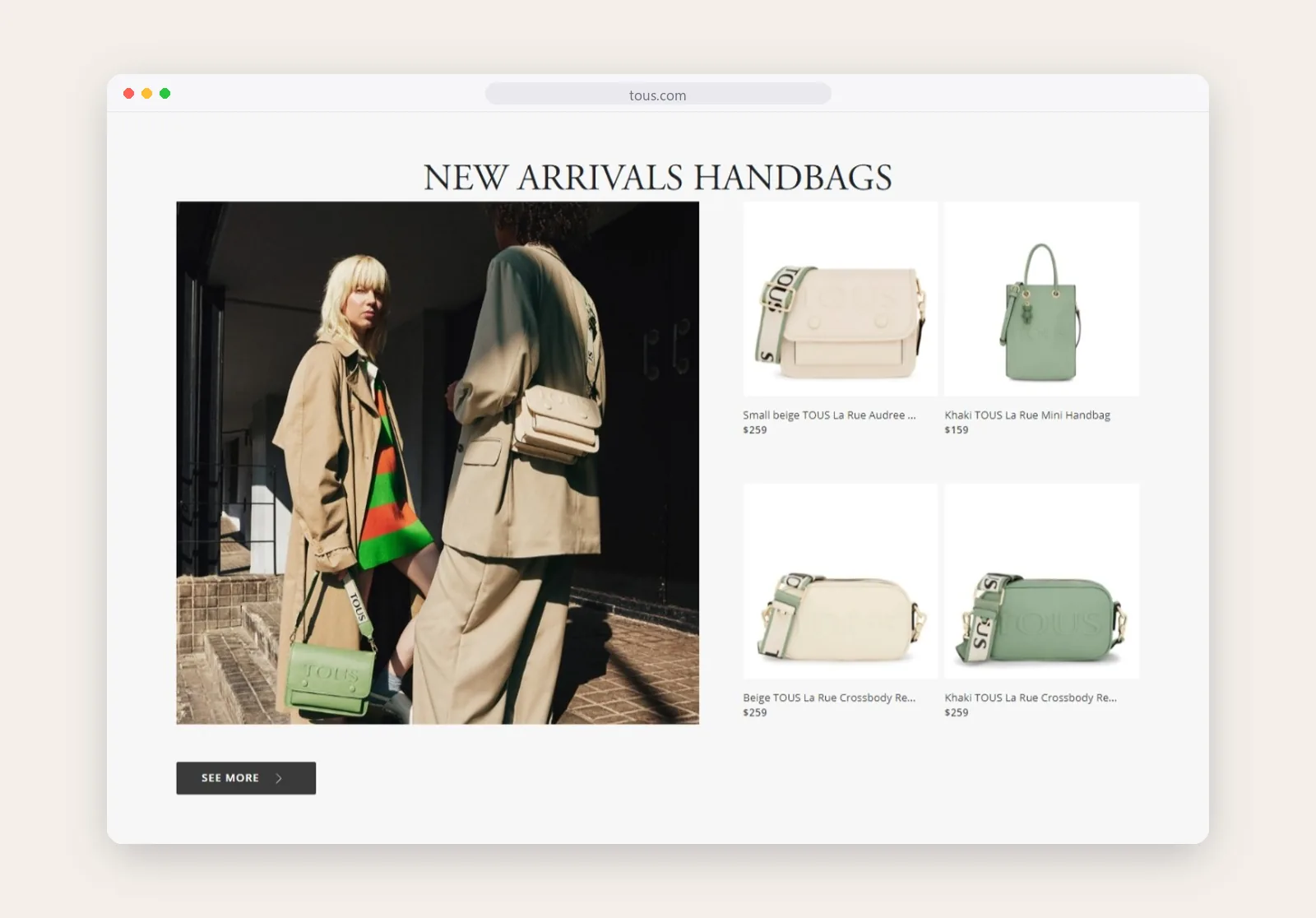 Tous new arrivals handbags section with campaign photo and product grid