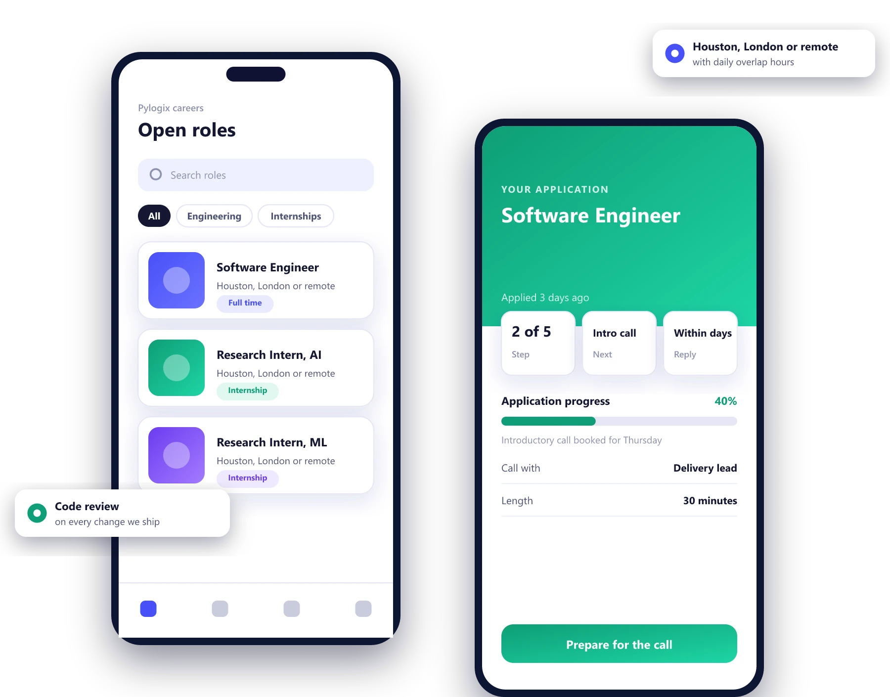 Pylogix careers app screens showing open roles and the progress of an application