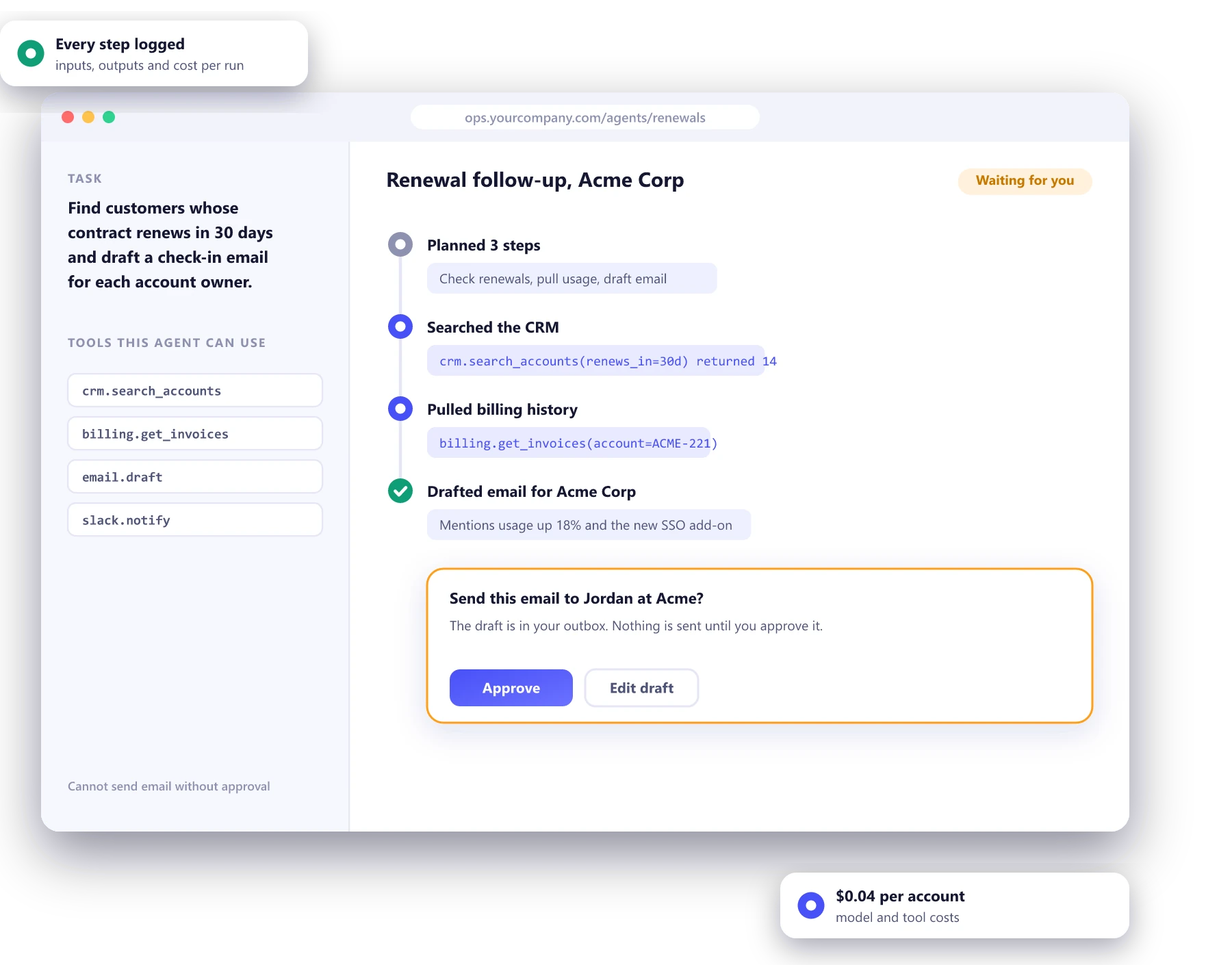 AI agent run for a customer renewal: planned steps, CRM and billing tool calls, a drafted email and an approval request waiting for a person