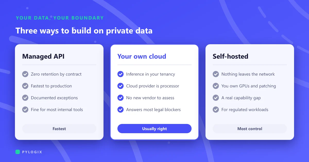Cover: three ways to build on private data compared as columns, a managed API, your own cloud tenancy and a self-hosted model, with your own cloud marked as usually right