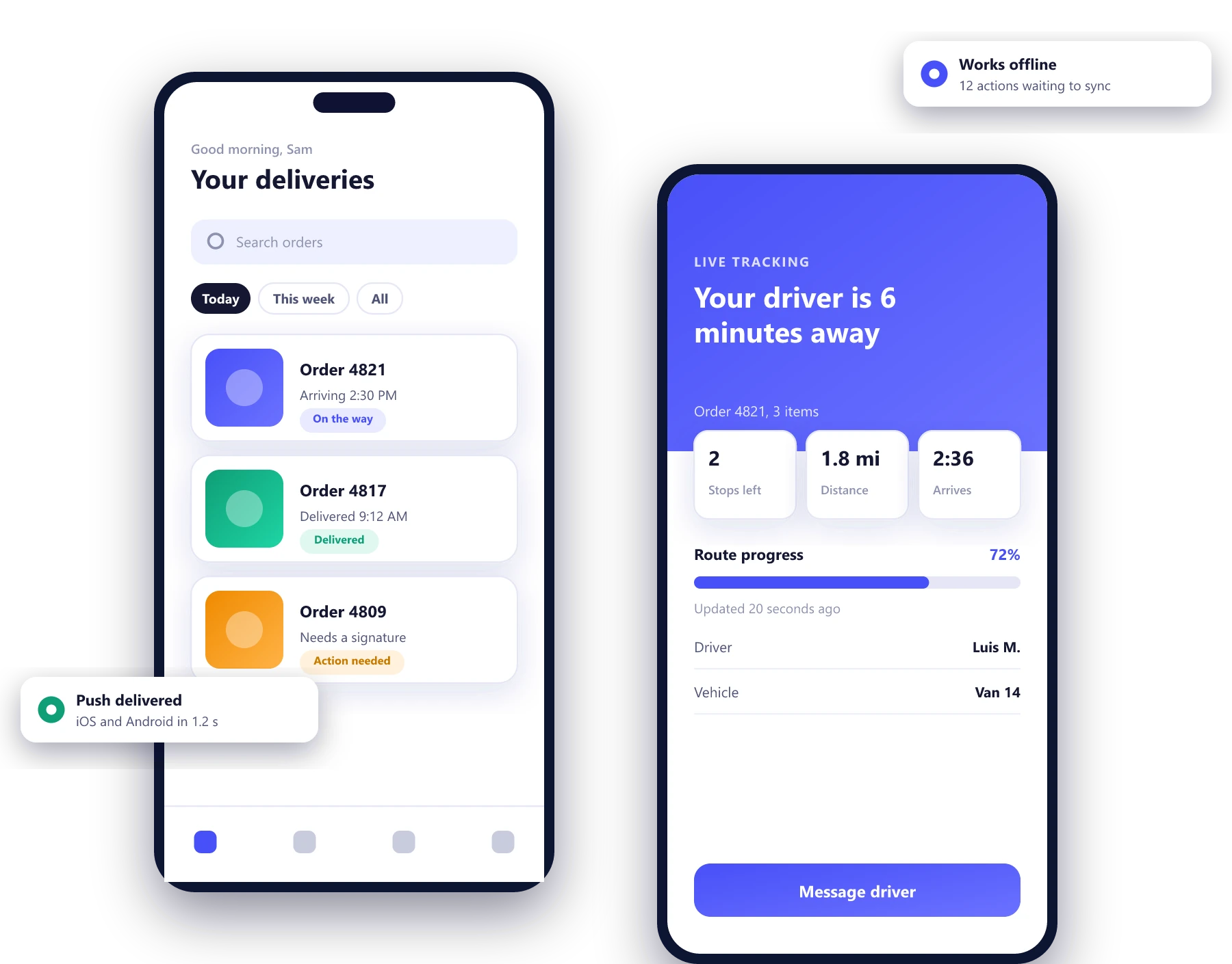 Delivery tracking app on two phones, an order list and a live tracking screen, an example of a mobile app we build