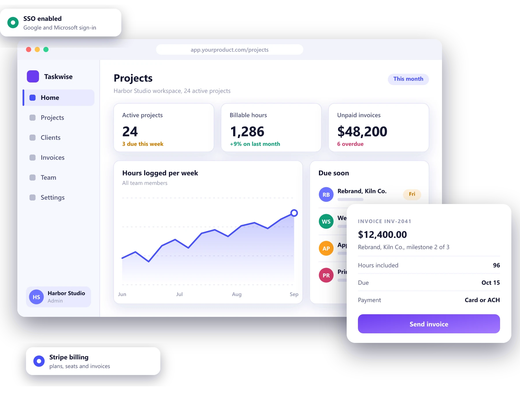 Project management web application with active projects, billable hours, outstanding invoices and an invoice ready to send